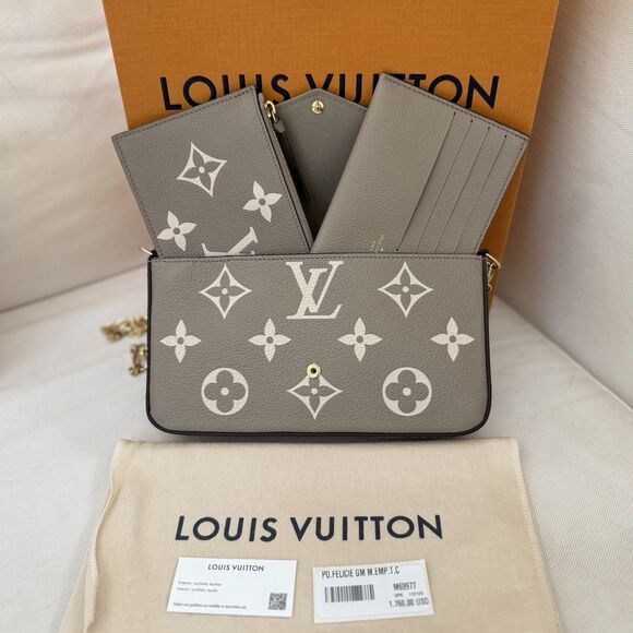 Auth Louis Vuitton Felicie Pochette Bicolor Monogram Empreinte Leather Dove Gray - Picture 1 of 16